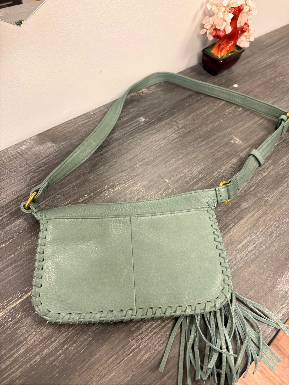 HOBO Small Green Leather Crossbody with Tassel and Front Zip Bag